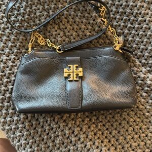 Tory Burch Black Leather Shoulder Bag with Gold Chain